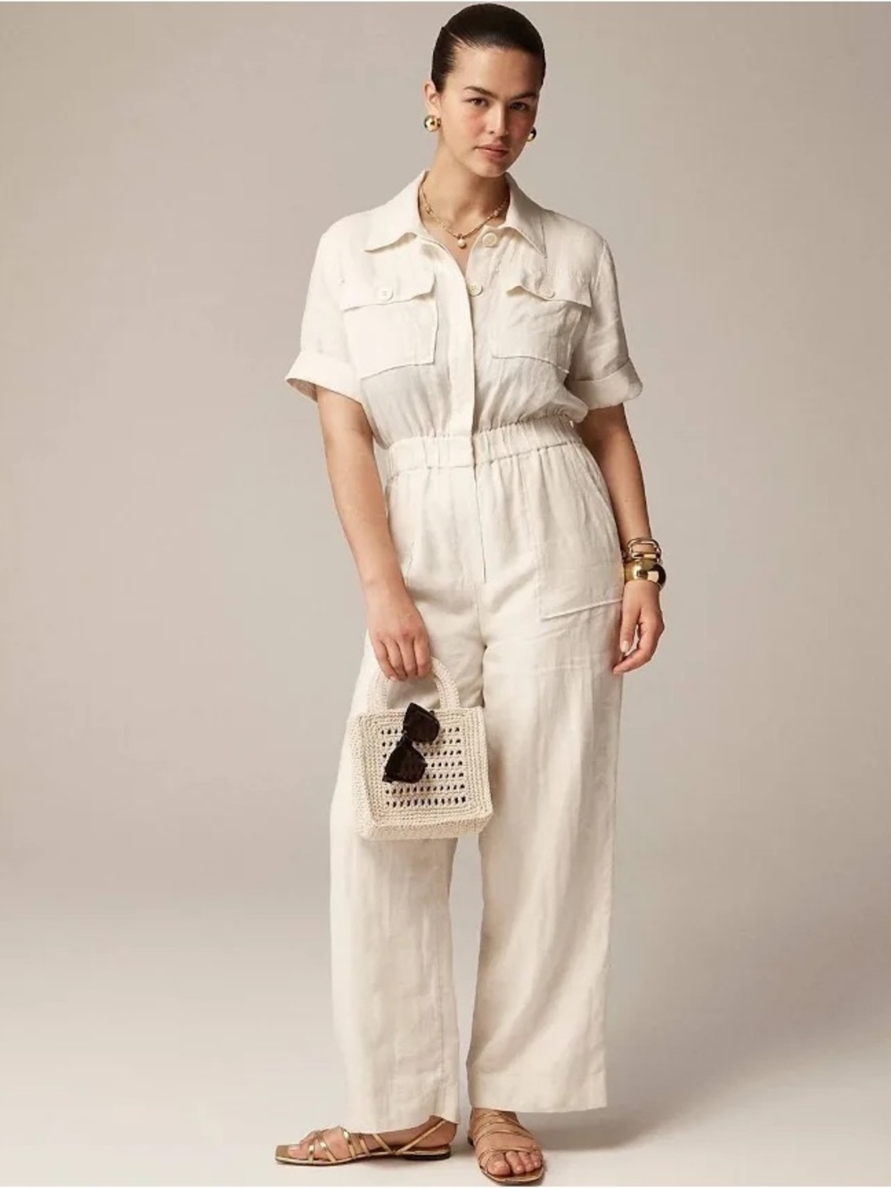 J.CREW  Cream 100% Linen Utility Jumpsuit